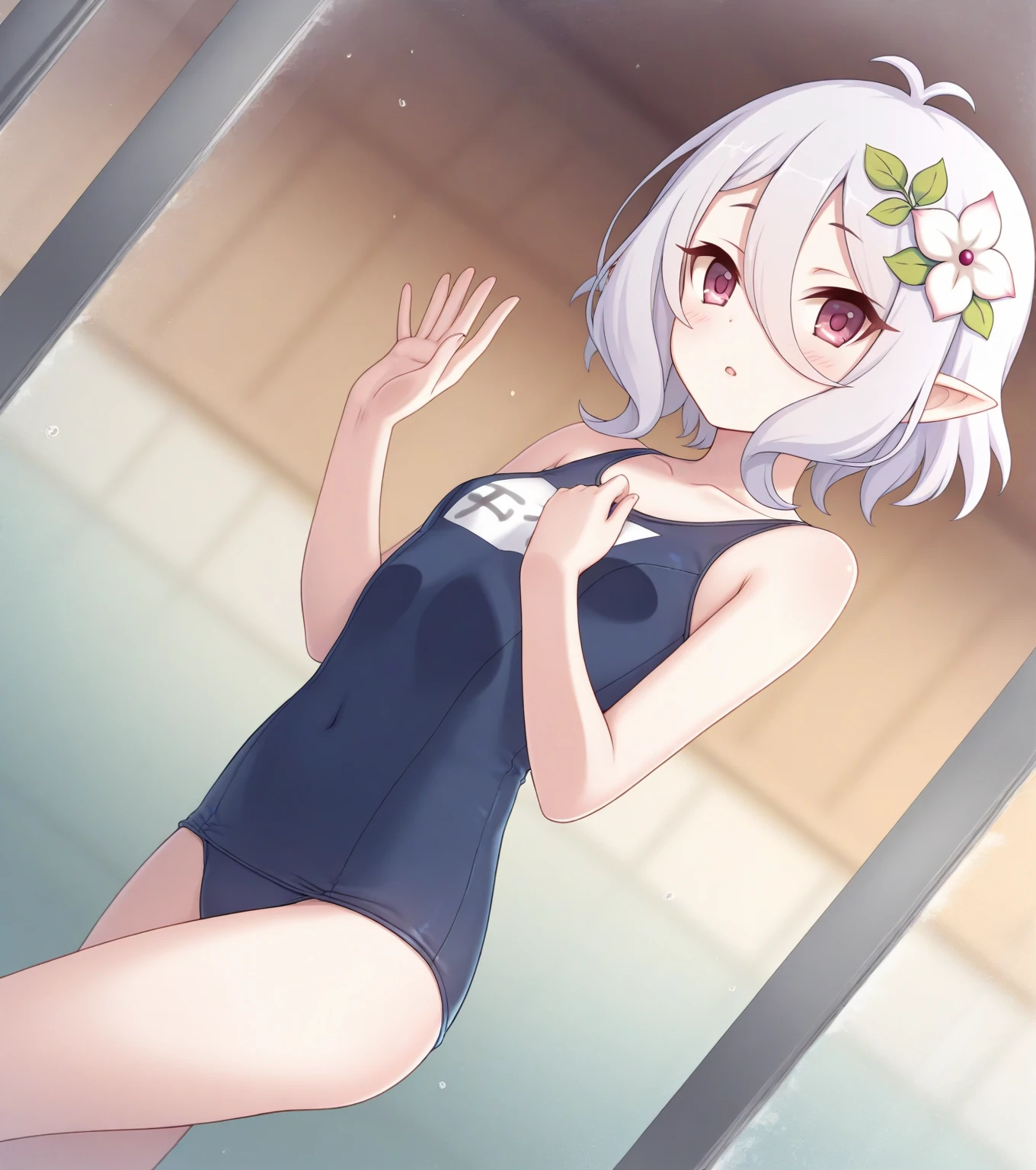 ((Perfect human body)),1girl,Anime girl with white hair and bunny ears, Red eyes, Shy blush,Eyes with enhanced sparkle,Looks happy,White school swimsuit,Modest chest,Leg spread,full Art,Character portrait,Pool,pussy juice