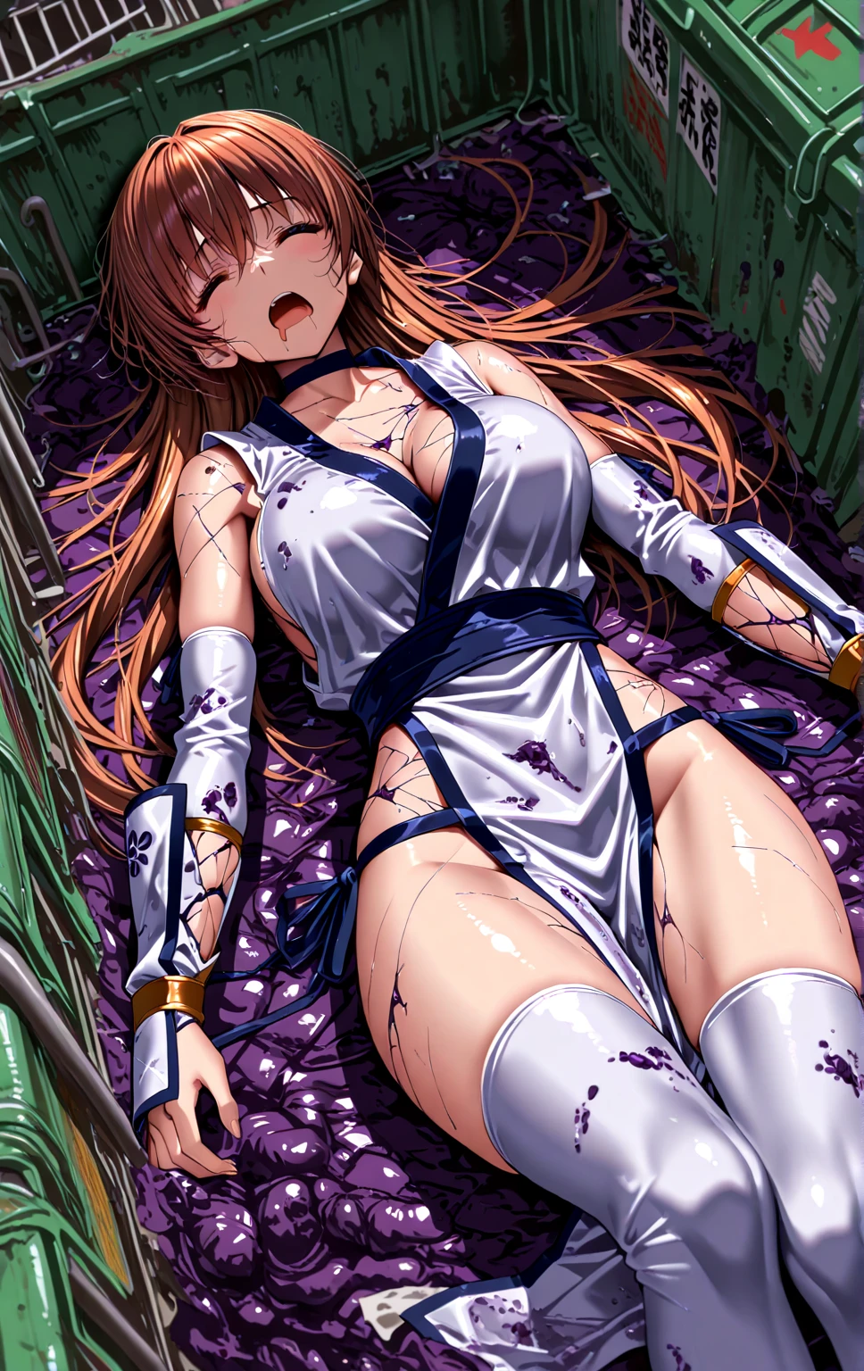 ((Photorealistic: 1.9)),(CG:1.2), Full body, Top Quality,POW, (Makinami Mari Illustrious Sui), small breasts, small buttocks, tense underwear, (white underwear), Beautiful detailed eyes, rolling eyes, face light, movie lighting, (((very sweaty skin)), open legs, abandoned house, restraint, shy, rope, wristband, (collar), (涎))), wet crotch, Wet thighs, watery eyes, legs wide open, face red, lying down, excited, breathless, purple hair, (crying face), showing off crotch, ((chained, arms raised, crossed behind the head)), ((Red frame glasses)))))