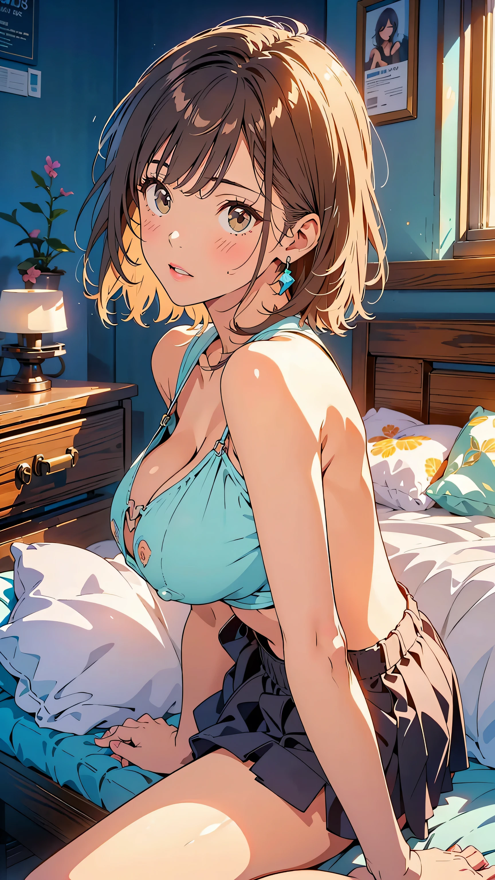 Masterpiece, 8k quality, extremely detailed, one female, mature female, (milf) (shirt brown hair in a bun), (cyan eyes), (night gown), (medium sized breasts), (medium sized chest) (flabby body), (saggy breast), (thick thighs), (flabby belly), (thick body), bedroom background