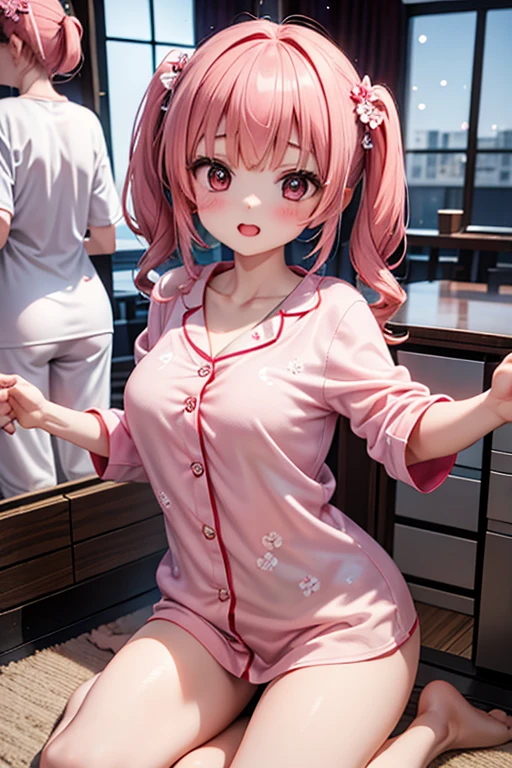 FULL BODYSHOT、an oil painting、​masterpiece、8K、top-quality、hight resolution、(((Red hair)))、Cheerful woman、(((side poneyTail)))、(((cheeks are flushed)))、Shy smile、White bathrobe、inside in room、bobhair、(((I am wearing a white bathrobe.)))、a short skirt、25 years old women１a person、(((Sitting on the couch)))、(((Pink heart pattern panties)))、(((Pink heart print bra)))、sexy underwear