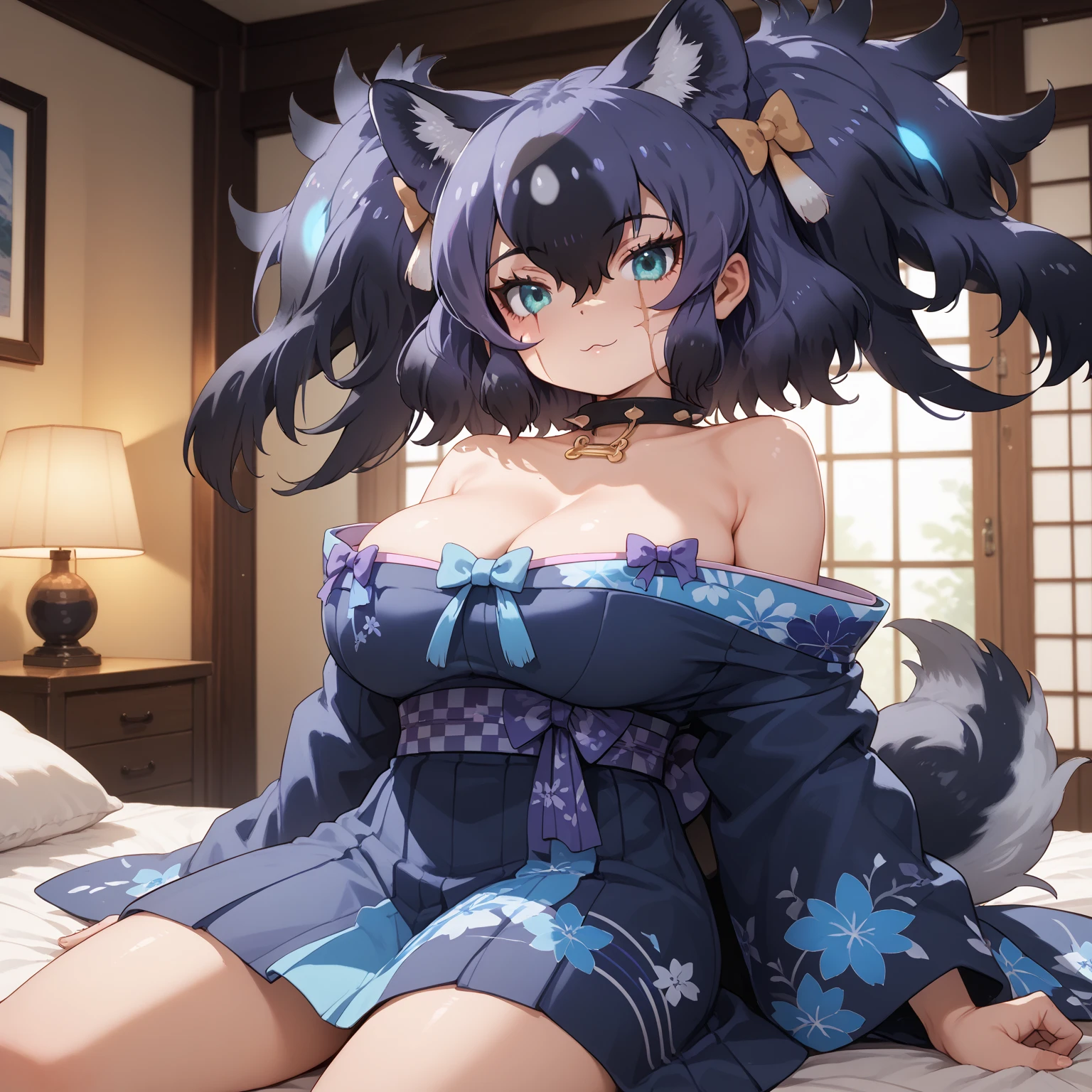 masterpiece, high resolution, high quality, bedroom, night, purple kimono, big breasts, cat ears, floral pattern, red eyes, NSFW, black hair, ponytail,