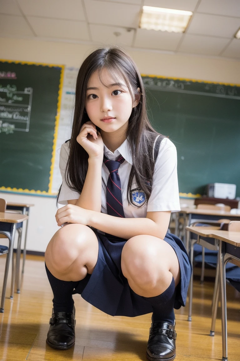 ulzzang -6500-v1.1, (Raw foto:1.2), (Photorealsitic:1.4), a beautiful detailed girl, extremely detailed eye and face, beatiful detailed eyes, Ridiculous, unbelievable Ridiculous, huge filesize, ultra-detailliert, hight resolution, ighly detailed, top-quality, ​masterpiece, Kemomimi, ((Japanese girls' high school uniform)), illustratio, ighly detailed, nffsw, unification, 8k wallpaper, astonishing, finely detail, ​masterpiece, top-quality, Highly detailed ticker uniform 8K wallpaper, face lights、Cinematographic lighting、1girl in、sixteen years old、(witheout panties)、((dynamicposes)))、(camel's toe)、(half)、、(Crooked knees and legs sitting))