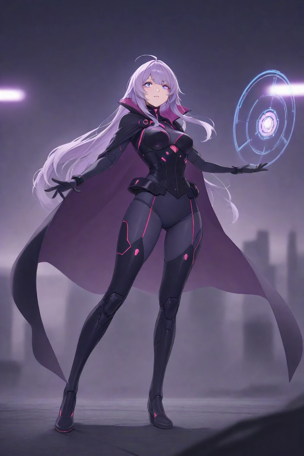 (Ultra detailed:1.3),(grainy:0.8), natural lighting, futuristic city, (raining:1.3), (dark:1.3), (fog:1.2), blue lights, purple lights, white lights AND girl, cape with hood, light logo, [cyberpunk clothing:torn fabric:0.35], blue lights, purple lights, menacing, sharp, (pointing weapon at the viewer:1.2),(Cold Colors:0.75)