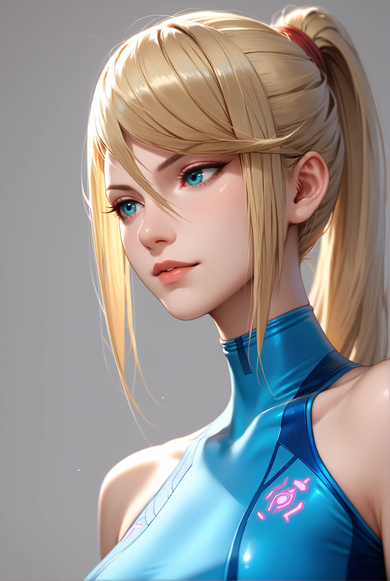 1girl, long straight hair, blonde hair, blue eyes, ponytail