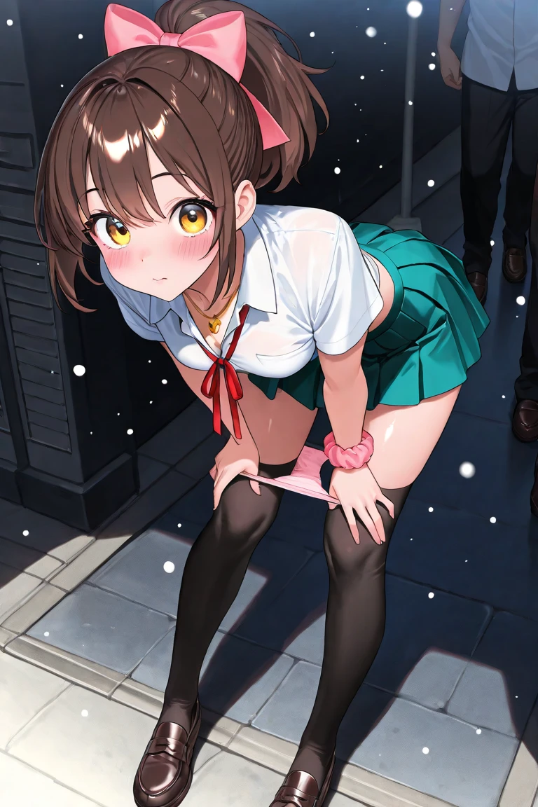 1girl, evil neuro-sama, (yuzu modoki), red eyes, light brown hair, ahoge, two side up, hair ribbon, dark red ribbon, heart hair ornament, black cardigan, open cardigan, black sailor collar, long sleeves, red bow, heart, button badge, star \(symbol\), drone, the number "1" on a badge, turtle, black skirt, pleated skirt, asymmetrical legwear, black thighhighs, black kneehighs, bandaid on knee, grey footwear, loafers, (masterpiece, best quality), highly detailed, finely detailed, wet, looking at viewer, covered nipples, from below, split, standing split, standing on one keg, upskirt,