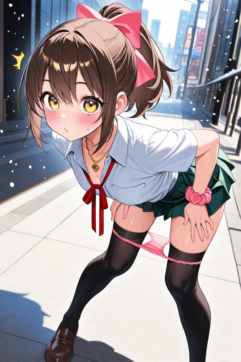 (beautiful face),(realistic face, perfect eyes,1.1),analog style,RAW,real life photo,medium quality,normal aesthetic,break,1girl,(japanese girl:1.1),(round face:1.3),break,(intricate underwear),(masterpiece, highest quality, 16K),masterpiece, highest quality, brown eyes, looking for in viewer, one person in, short_hair, closed_mouth, with collar_shirt, long sleeve、long sleeve、looking for_in_viewer, School_uniform, shirt, white_shirt, wearing a down jacket.small_chest, short hair, hair flower, white shirt, sweater vest, short sleeve, gray skirt, short hair, hair flower, red bow tie, blazer, brown jacket, long sleeve, Checkered Skirt Amikoto, short hair, hair flower, , white shirt, ((show panties:1.5)), back view, turn around