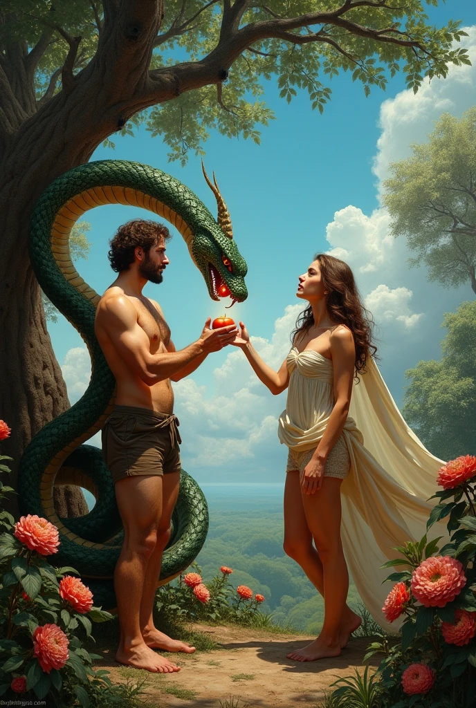 In this biblical scene, Eve is having sex with Adam in the lush french garden. Eve is feeding Adam the forbidden fruit. Behind Eve is a large green snake with red eyes. Adam is an attractive handsome muscular man, fully naked. Eve is seductive ,  sexy and fully naked. Penis and treats visible. Cum splatter.