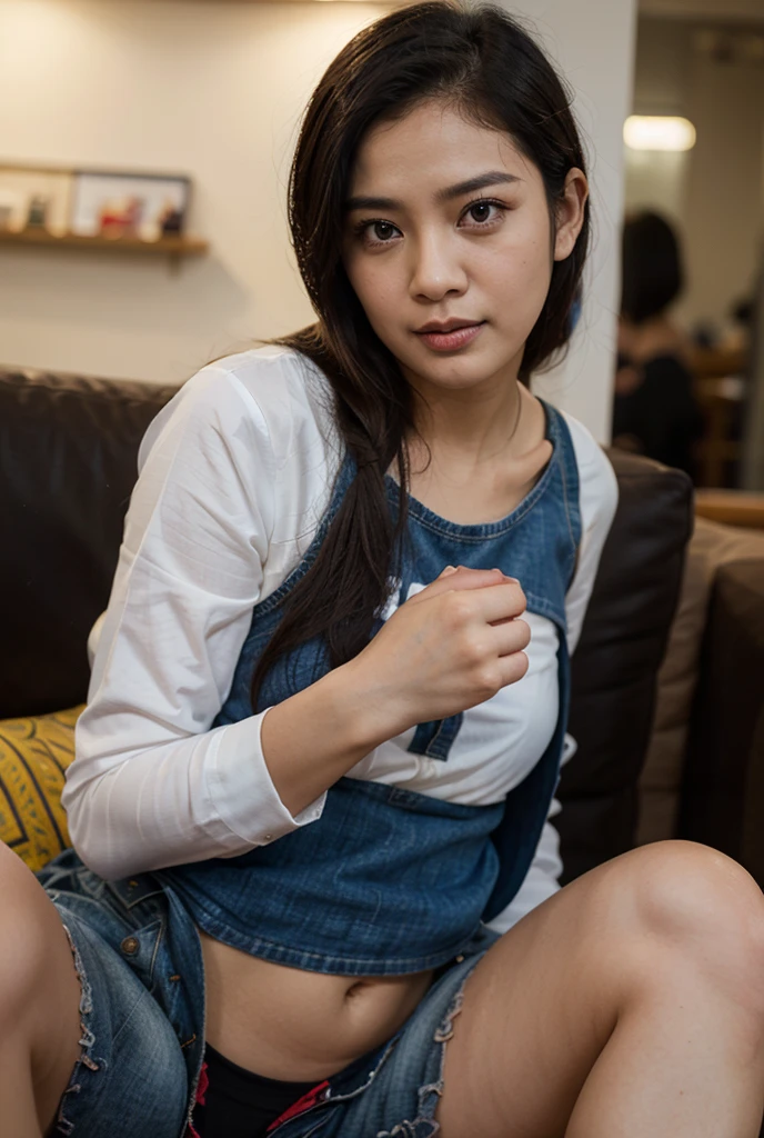 cute girl, malay girl, 12 years old, (nsfw), flat chest, beautiful body, uniform, naked, pink nipples, navy blue skirt, squatting, sneakers, looking at viewer, (NSFW)