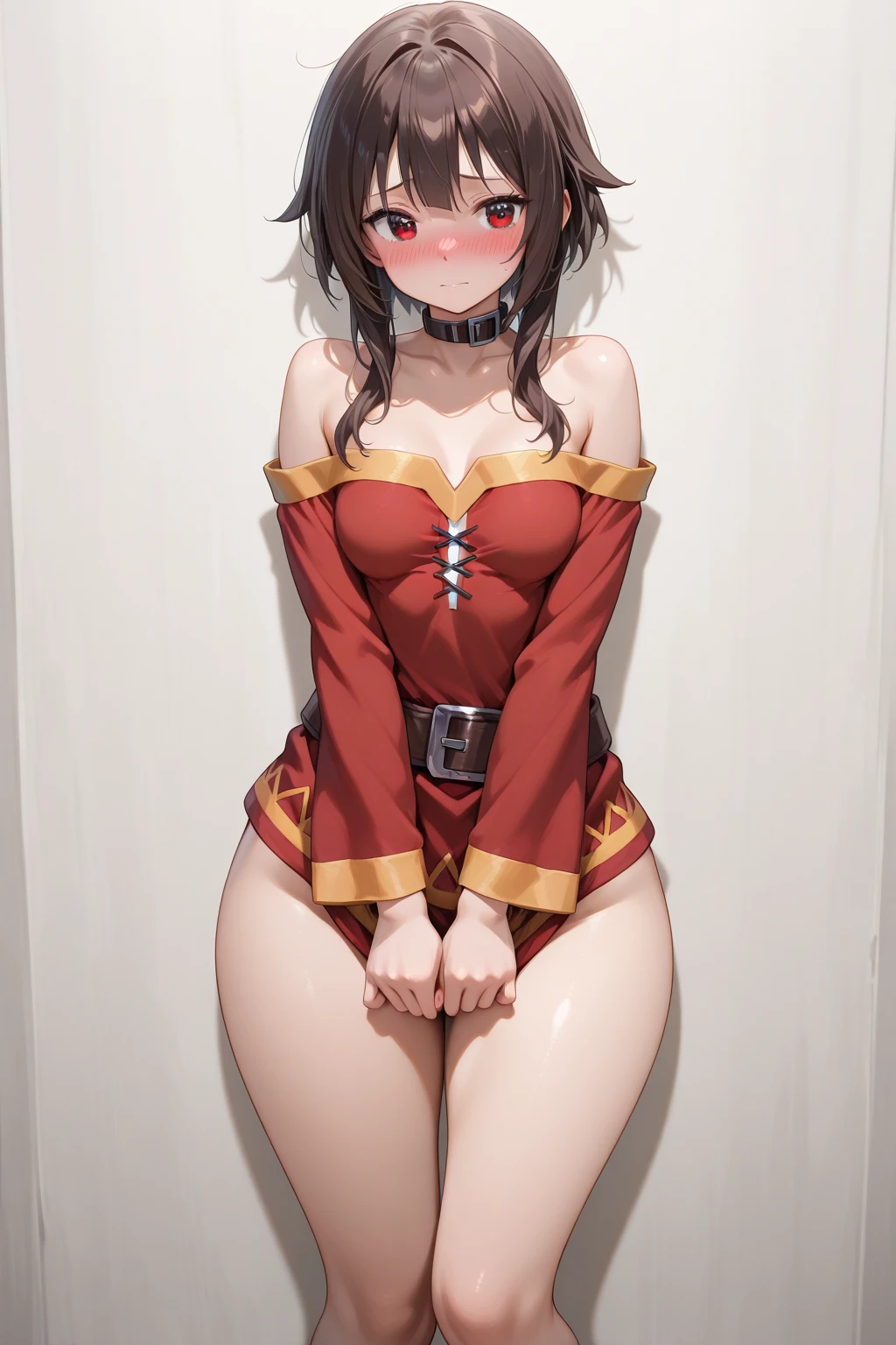 ultra high resolution、beautiful girl、bright crimson eyes(with bright highlights)、Chestnut long twin tails、perfect face、mischievous smile、doing a sexy pose、Wearing a red tight skirt、long stockings、whole body、big breasts、thick thighs、beautiful long legs、big butt、red high heels、