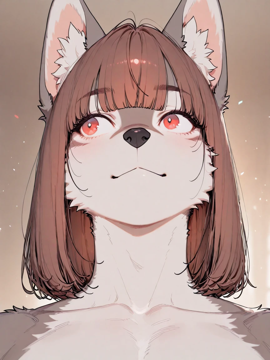 Solo, female, a female, brown curvy domestic dog, brown dog ears, long brown hair, straight bangs, bangs completely covering eyes, dark brown nose, naked, by fumiko, by hyattlen, by hioshiru