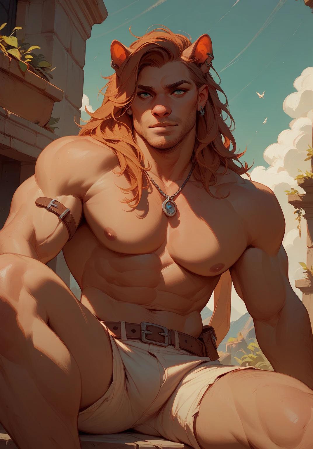 A purple skin man, with pink hair and horns, buff, athletic, big muscles, warrior, big chest, manly face, long hair, making a acorbatic presentation in a circus 