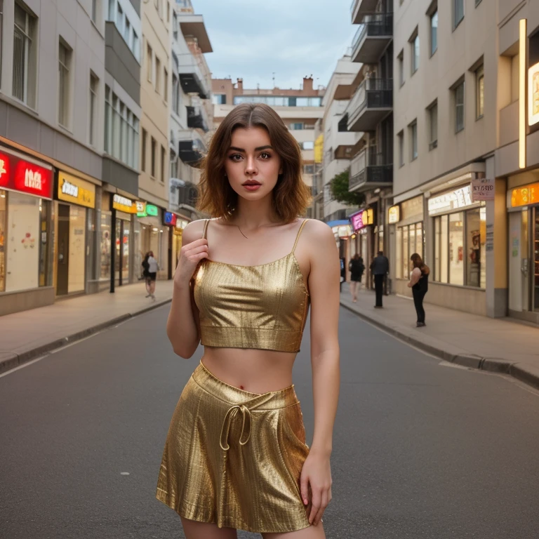 A 29-year-old brunette French woman walking in the street