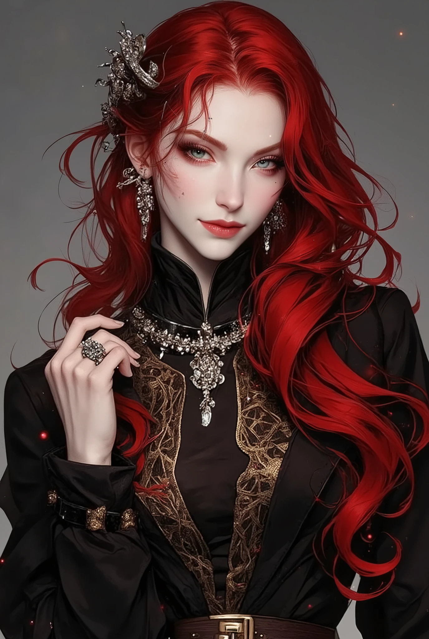 Character Name: Seraphina Valerius (Often referred to as "The Crimson Ice Queen")
Age: 28
Gender: half-elf Female
Appearance:
Hair: Long, flowing, red as the color of freshly spilled blood. It cascades down her back, often styled in intricate braids or elaborate updos that showcase its vibrant hue.
Eyes: Piercingly cold, a shade of glacial blue that seems to hold no warmth. They are sharp and observant, constantly assessing and dissecting those around her.
Build: A figure sculpted for power and allure. Seraphina possesses curves that hint at sensuality, yet she carries herself with an athletic grace that speaks of strength and agility. Her movements are deliberate and controlled, each step exuding confidence.
Face: Exquisitely beautiful, with high cheekbones, a sharp jawline, and full lips that often curve into a knowing smirk. Her beauty is both captivating and intimidating, the kind that stops people in their tracks but also makes them wary. She has a small, barely noticeable scar just above her left eyebrow, a memento from a past conflict.
Attire: Seraphina favors dark, elegant clothing. Think tailored gowns in deep reds, blacks, and silvers, often adorned with intricate embroidery or subtle embellishments. She wears jewelry sparingly, but each piece is carefully chosen to enhance her presence and project an image of power. A silver ring shaped like a serpent is her signature accessory, always worn on her right hand.