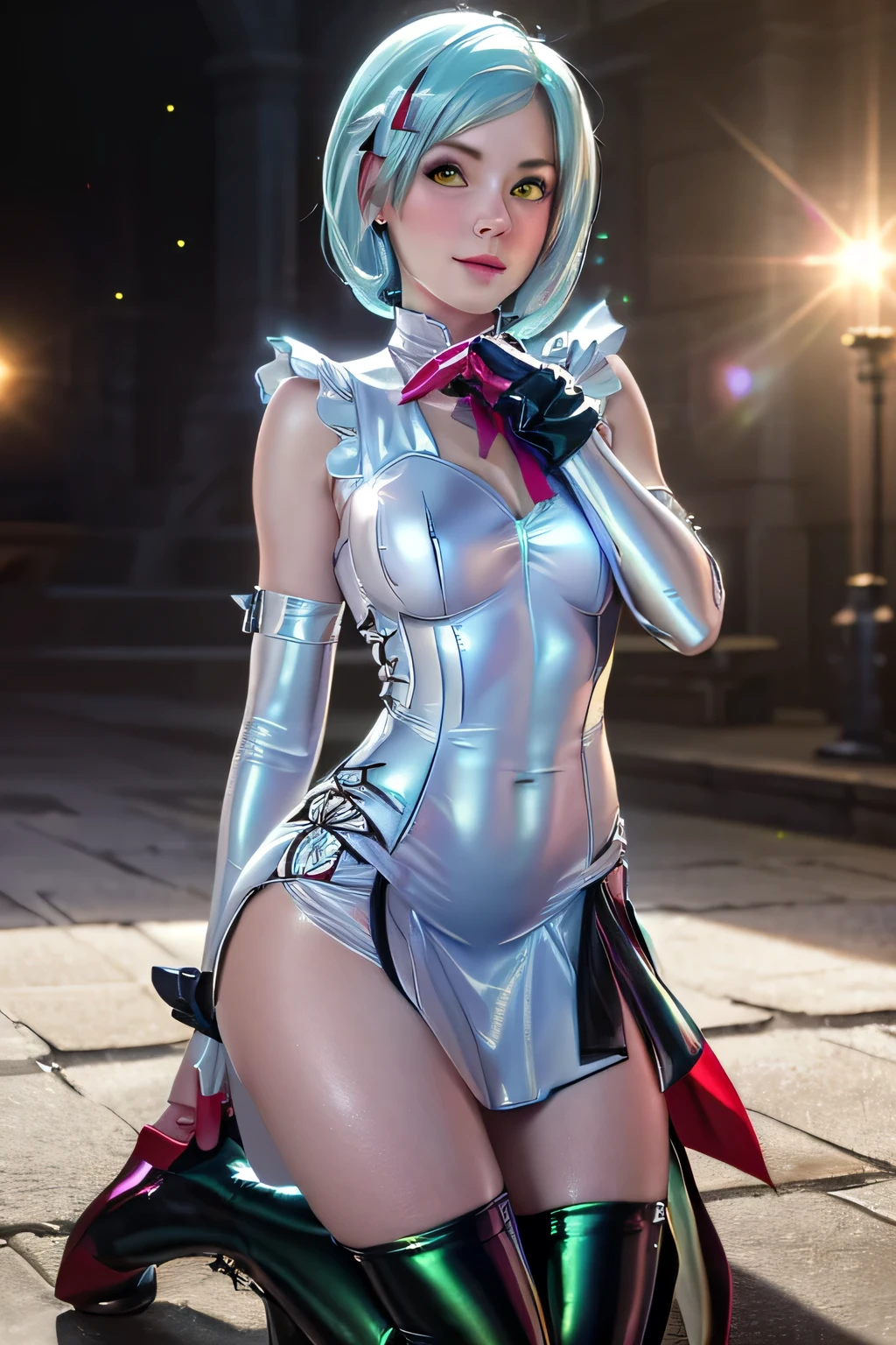 there is a woman in a white outfit and stockings posing, anime barbie in white stockings, 2b, 2 b, v from devil may cry as an elf, anime girl cosplay, inspired by Leng Mei, shiny white skin, perfect android girl, echo from overwatch, anime character; full body art, ayanami, cosplay, ashe from overwatch, rei ayanami