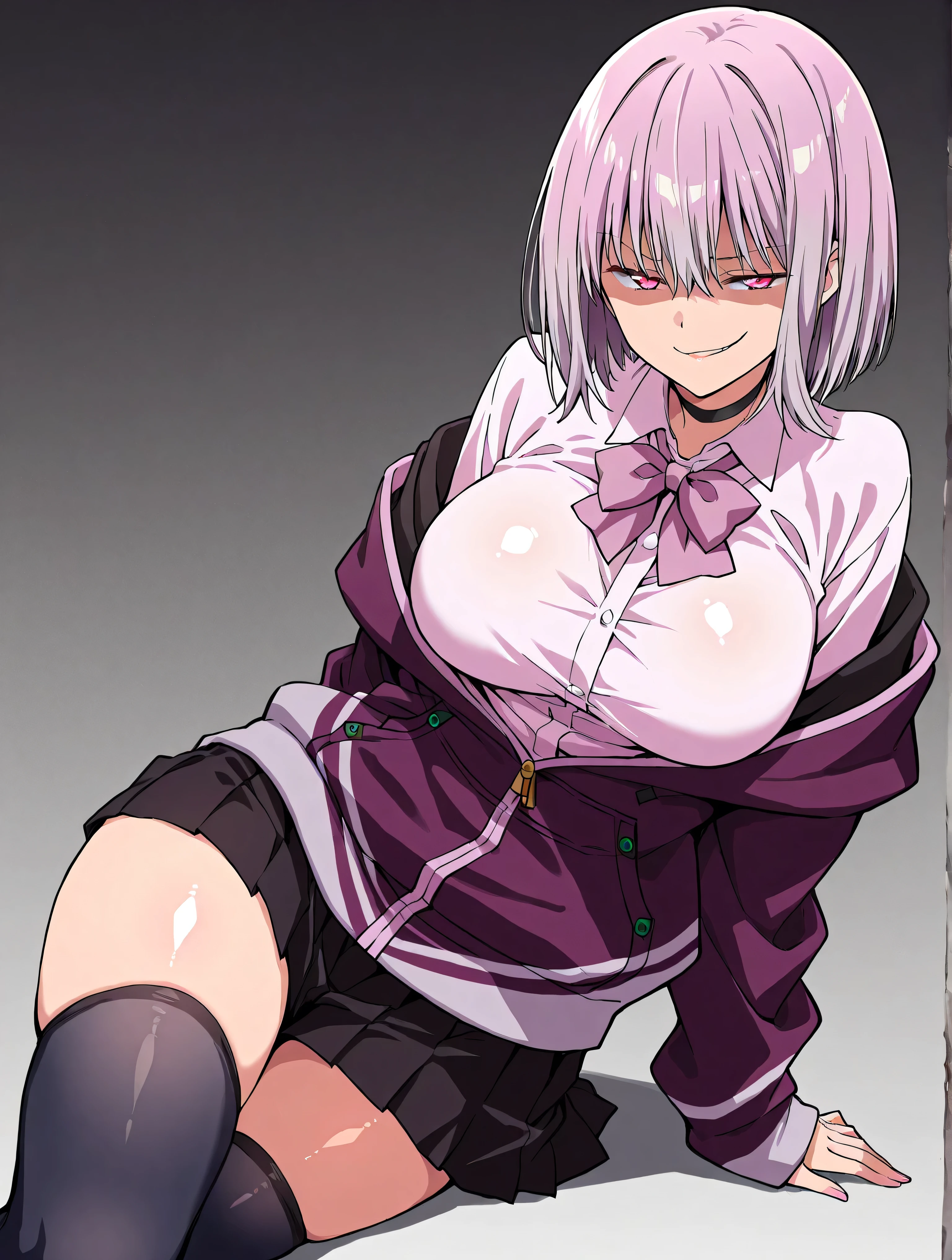 Ultra-detailed illustrations、Ultra-precise expression、masterpiece、Highest quality、ultra High resolution、High resolution、Hiromitsu Takeda Style、Side angle、White background、Simple Background、One girl、Fat man、Man wearing black panties、solo、Mash Kyrielight、light purple hair,short hair,hair over one eyes、Black sleeveless dress, White collar、Red tie、Black Pantyhose、Purple panties、Brown short boots、Purple eyes、Vulgar expression、smile、Open your mouth、blush、Large Breasts、Big Breasts、Choker of Hearts、White Breath、Sweat、Glowing Skin、shiny skin、Pussy juice、On all fours、Big penis、、