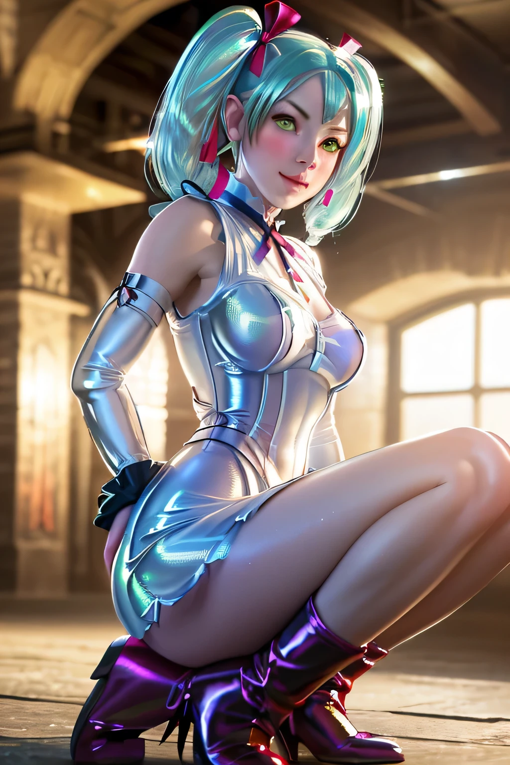 Best Quality, masutepiece,(Perfect hands, Perfect feet,Perfect Anatomy),Saber, Faltria, 1girl in, gloves, elbow groves, Choker, White Dress, official alternate costume, breasts, clavicle, Ponytail, White Gloves, cleavage, straplessdress, Bow, Bare shoulders, Short hair, parody, Blue choker, Hair Bow, Blue Ribbon, 1girl in, wooden horse, Crotch rubbing, Thought-provoking liquids, Shibari,, masutepiece, Best Quality, Highly detailed、(Hands behind your back:1.5)、nffsw, Large breasts, White hair, Blue eyes, female focus, Full body, , Juice, Sweat, trembling,(Straddling a wooden horse:1.3)、Clothes are torn、,(white panties:1.3),