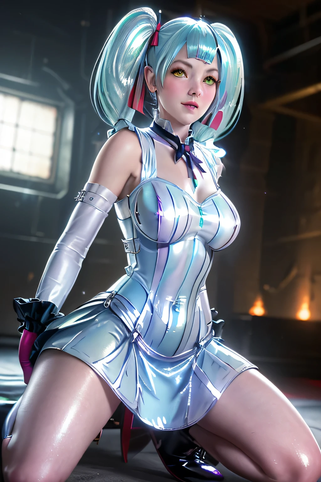 back shot, unparalleled beauty，Beautiful woman，scary expression，(prison)，(prison)，(in a cage)，(slave)，get down, ass up，kneeling posture，Posture with butt sticking out，，((stick out tongue))，((drooling))，Kamimei，From above，(collar with chain)， with cuffs，fetters，surrealism, f/1.2, fujifilm, 35mm, 8k, Super detailed, nffsw, table top, rough skin, high quality, hard disk, highest quality，masterpiece，Ultra-high resolution, Very detailed, 8k，(Beautiful woman)，one person，40 years old,  (Sailor Mercury), (Facial details, Bright Blue Eyes, Beautiful Face, Beautiful Eyes, Shining Eyes, Thin lips, Thin, sharp, pale eyebrows, Long, black eyelashes, Long and thick lower eyelashes, double eyelid), Fluffy blue hair, ((Blue sailor collar, Very tight and shiny uniform)), ((Long white latex gloves,Beautiful female hand in white latex gloves)),Shiny blue latex knee-high boots, Stiletto heels,Blue choker、Blue gloves on elbows, Beautiful blue pre-gated mini skirt, Blue Collar, golden tiara,Earrings)),Luxury gold jewelry, skinny, Large Breasts, Perfect Proportions, Narrow waist, Visible pores, Beautiful shiny dark blue hair, Perfect hands, High leg swimsuit, High gloss holographic leather for a snug fit,Octane Rendering