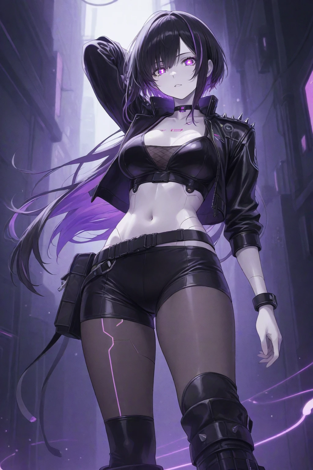 Beautiful Girl, Full body, Tousled Long blue hair left side Ponytail, red eyes with slit pupils, small breasts,  ((Pose Seductive:0.8)), Black eyeshadow, (street style wear:1.2), ((Tight-fitting pants)), ((Knee High Leather Boots)), (dark city night black background:1.4),  (light_Smile:1.0), Dark makeup, Digital Art, Trending on ArtStation, Highly detailed, Fine detail, Convoluted, Beautiful detailed glow, Detailed, Cinematic Light, hight resolution, detailed facial features, Sharp Focus, Smooth, Aesthetic,