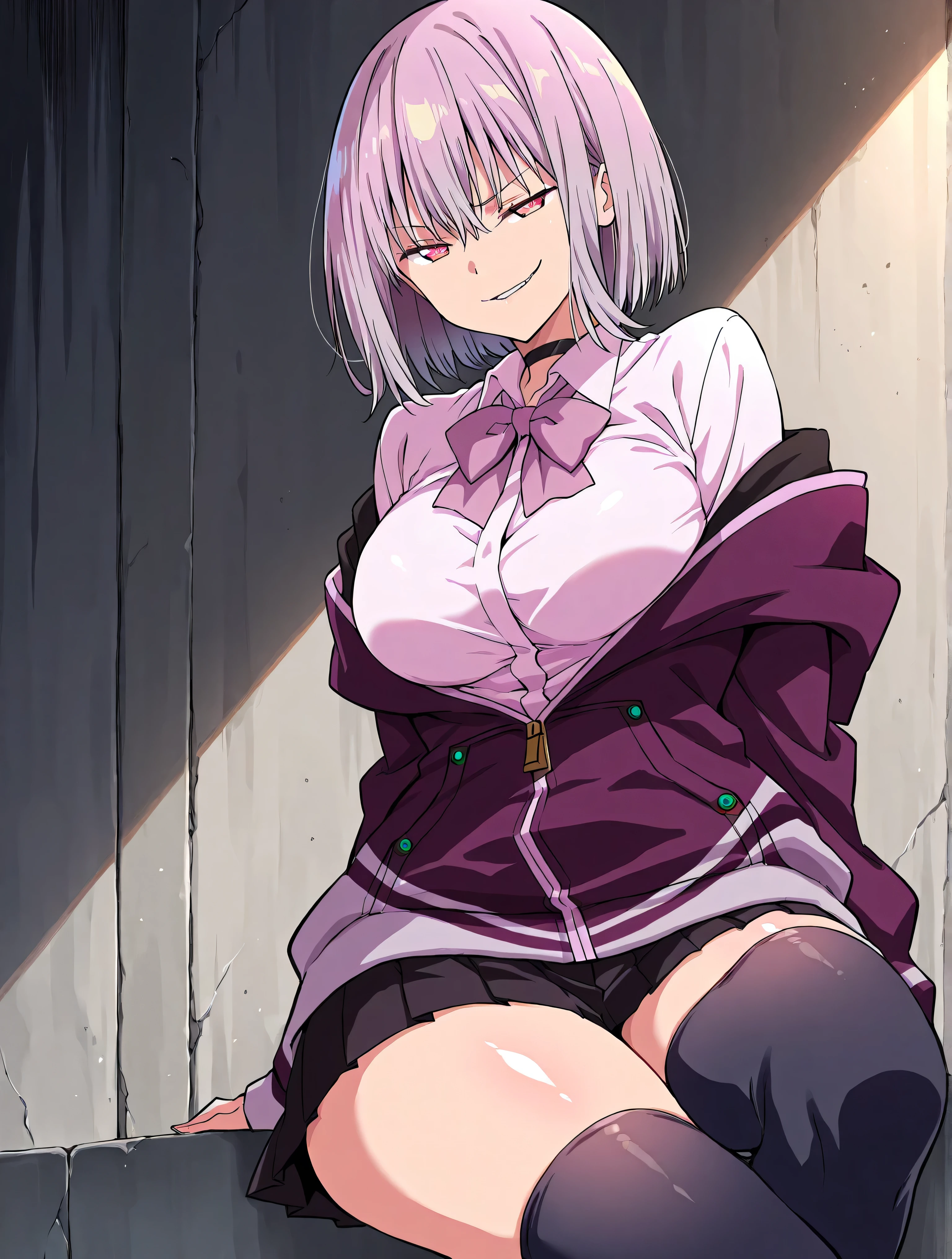 Ultra-detailed illustrations、Ultra-precise expression、masterpiece、Highest quality、ultra High resolution、High resolution、Hiromitsu Takeda Style、White background、Simple Background、One girl、solo、Mash Kyrielight、light purple hair,short hair,hair over one eyes、Black sleeveless dress, White collar、Red tie、Black pleated mini skirt、Black Pantyhose、Brown boots、Purple eyes、Vulgar expression、smile、Open your mouth、blush、Large Breasts、Big Breasts、Erect nipples、Choker of Hearts、White Breath、Sweat、Glowing Skin、shiny skin、Front angle、View your viewers、
