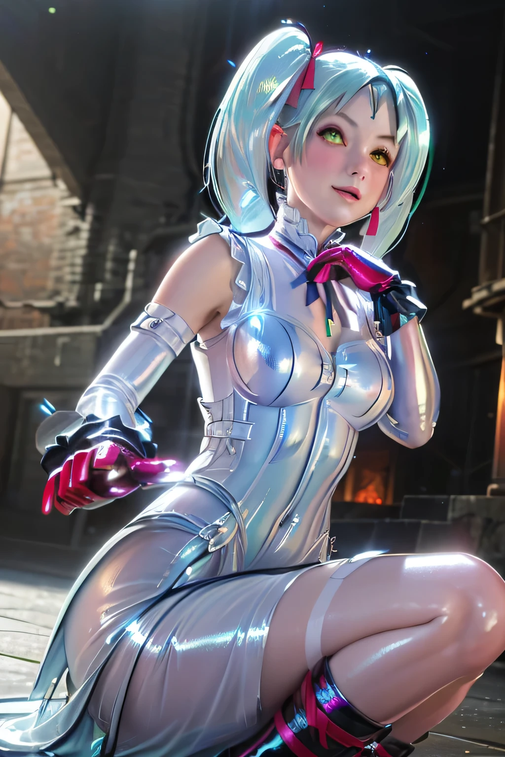 Perfect human body modeling, 1girl, beautiful girl, cute girl and idol face, young face, smile, white skin, short hair, bob cut hair, silver hair, ahoge, shiny hair, shiny skin green eyes, beautiful eyes, medium breasts, ight particles, light sparkles, lens flare, Light particles, Magic light, strong light, gorgeous dress, Princess Dresses, loud laughter, A young lady mocks those of low status