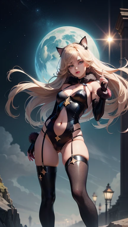 Gothic and technological aspect with futuristic city on neon background、斬新でスタイリッシュなカラフルな髪の毛、A neon suit gal with huge breasts、Shiny huge fishnet stockings、rabbit ears