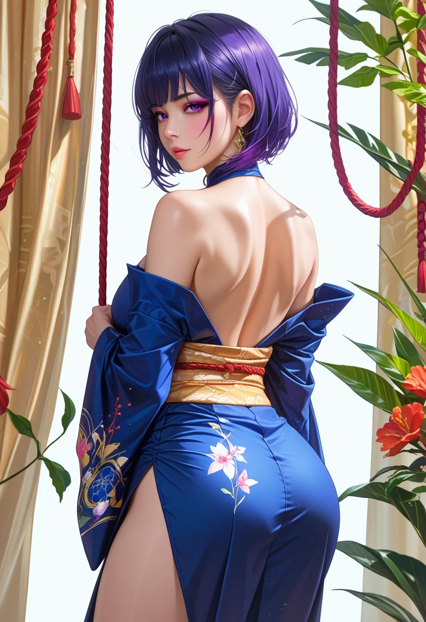 there is a woman in a chinese style lingerie, chinese lingerie, Chinese dress, ((standing, )), ((back)), (()), purple hair, masterpiece, highest quality, solo focus, (perfect face:1.1) , (high detail:1.1), 1girl, , slender waist, , solo, cleavage, curvy, , see-through, thighs, wide , thick thighs, lips, covered, robe, cinematic lighting, visible see through panties, super fine makeup