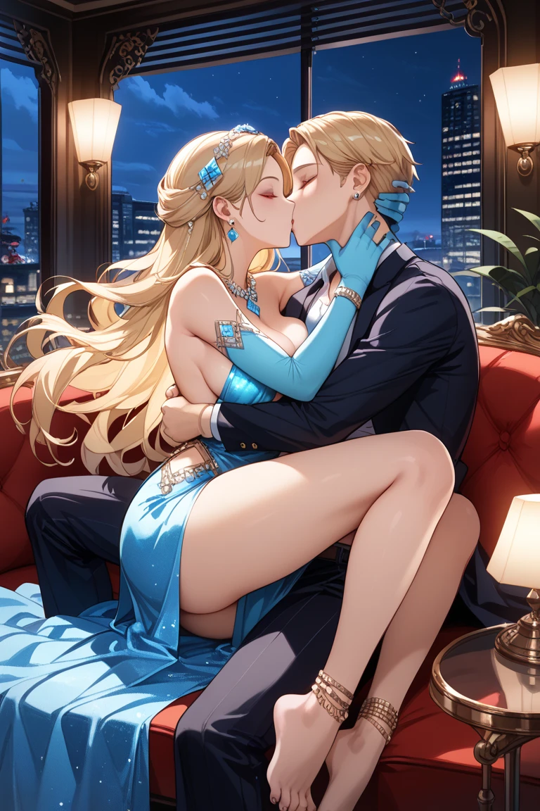 Prince's happy ending massage theme , ''Focus on perfect nice Woman's with hands between Prince's legs!'' Hentai pose Woman kneeling to the young dark sub-saharian skin Prince, Prince is facing viewer,Woman in front of the throne,Turn your back on viewer,Woman butt is facing viewer,The Woman faces the Prince dick (perfect proportion and face Woman semi profile back view / NSFW bending on knees pose / butt exposed in sexy underwear), Woman ready to suck, Woman both 2 hands on Prince's sex (perfect proportion Woman's arms and hands on semi profile back view / Woman's hands between Prince's legs to hold firmly Prince's dick / hands between Prince's legs partly not seen in Prince's underwear / NOT SHOWING PARTS OR GENITALS! ), woman's mouth wide open, woman is ALMOST SucKing Prince's sex with tongue, very happy looking stylish Blonde Woman,Sweating,Luxuriously dressed young dark sub-saharian skin Prince sits on a throne  with perfect covered legs opened,Woman in thin cloth clothes,Woman in sexy underwear,Woman with frightened but happy eyes and expression,Puddle at the feet of a woman, 