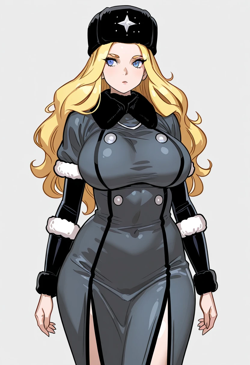 masterpiece full body toe to head beautiful woman butler, 1soloMILF BIMBO full body black uniform wearing a big belt (Nylon Belt for Women) (plain background) bracelets strong body standing by wooden pole