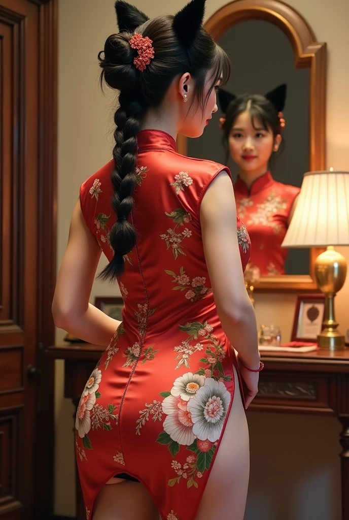 Chinese woman in long dress squatting down butt view from back