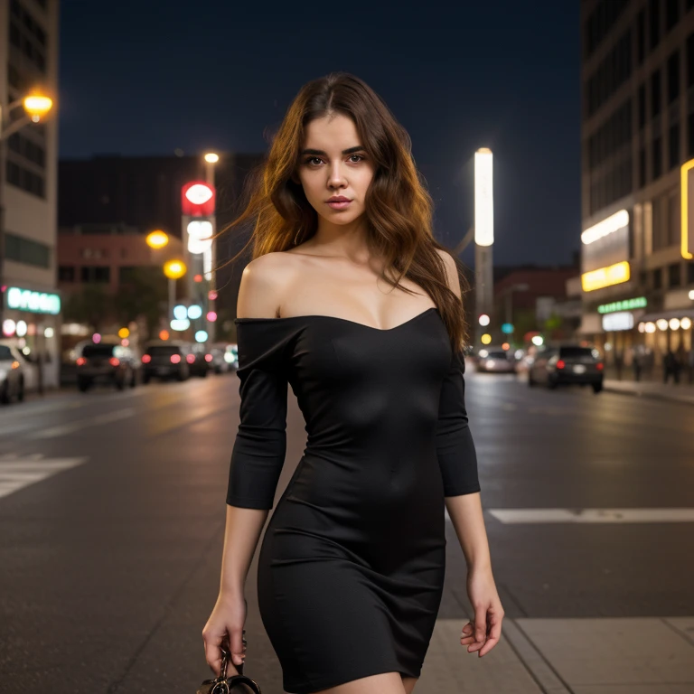 A young woman, detailed beautiful skinny in a night city, from far away in a detailed attractive dress very realistic skin tone and fabric
