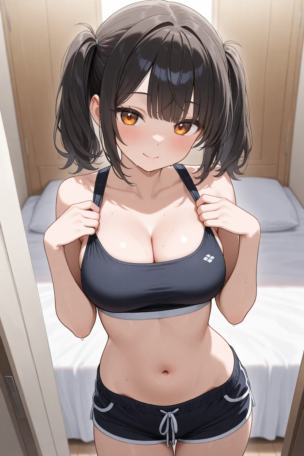 masterpiece, Highest quality, 1 person,(  Are standing, View your viewers),Detailed Background、A person who writes in detail、Detailed face,Accurate human body、Knowledgeable person、Accurate 5 fingers, (woman,Curvy body,alone ,),middle breasts ,(crop top),(gray dolphin shorts),bright、((on bed))、colorful、((stomach_tatoo)),slender:0.8,zettai ryouiki