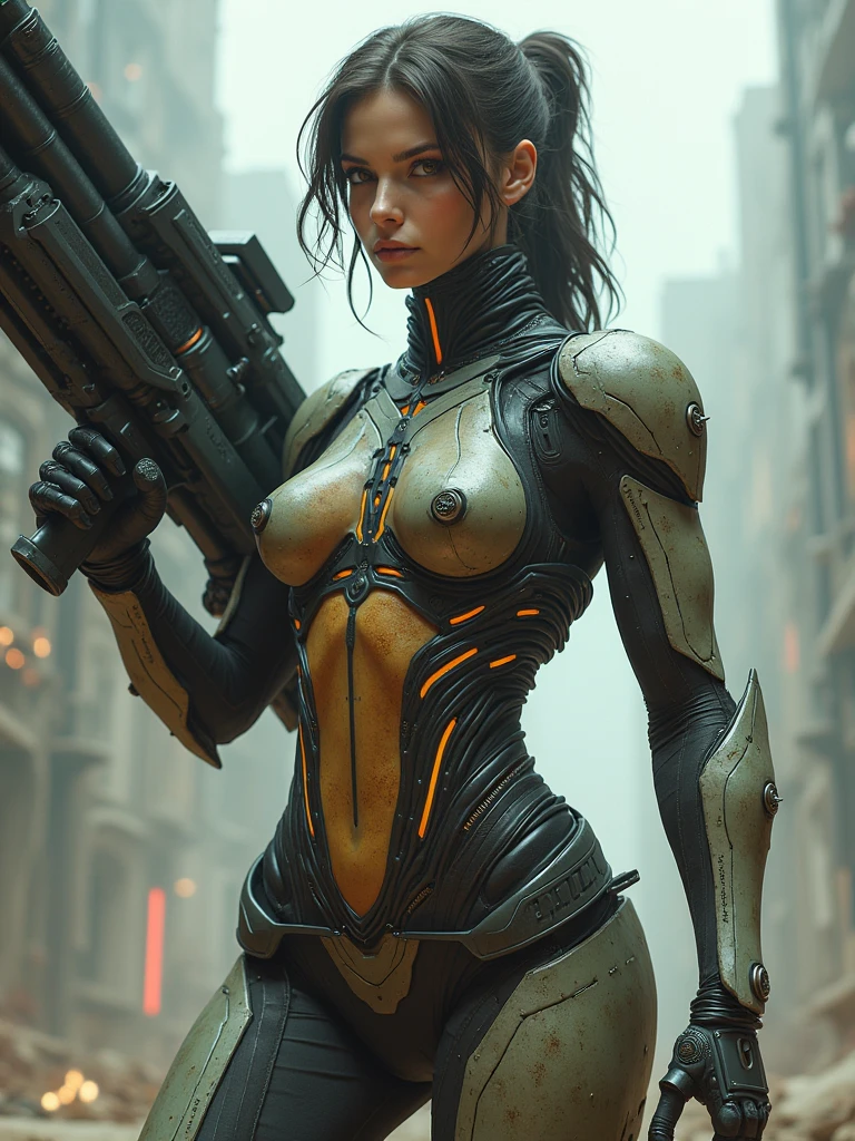 detailed humanoid chubby woman, android, pale human face, delicate features, short dark brown hair, human torso wearing tank top, spandex shorts, robotic legs and arms, space prison with view of Earth, best quality, 4k, 8k, highres, masterpiece:1.2, ultra-detailed, realistic, photorealistic, photo-realistic:1.37, HDR, UHD, studio lighting, ultra-fine painting, sharp focus, physically-based rendering, extreme detail description, professional, vivid colors, bokeh, sci-fi, concept art