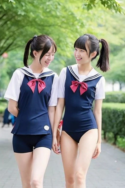 cute, two girls, elementary school students, black hair, twin tails, dark blue school swimsuit, medium bust, smile, shiny skin