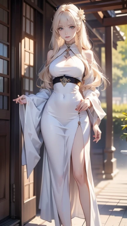 work of art, best qualityer, ultra epic details, long white hair, white eyelashes , gray eyes, greatsword, surrounded by a large and long green Chinese mythological dragon, white stockings, white outfit, forest in the background, rosto angelical ((Face ultra detailed)), (perfects eyes), lost look, eyes wide, tied up hair