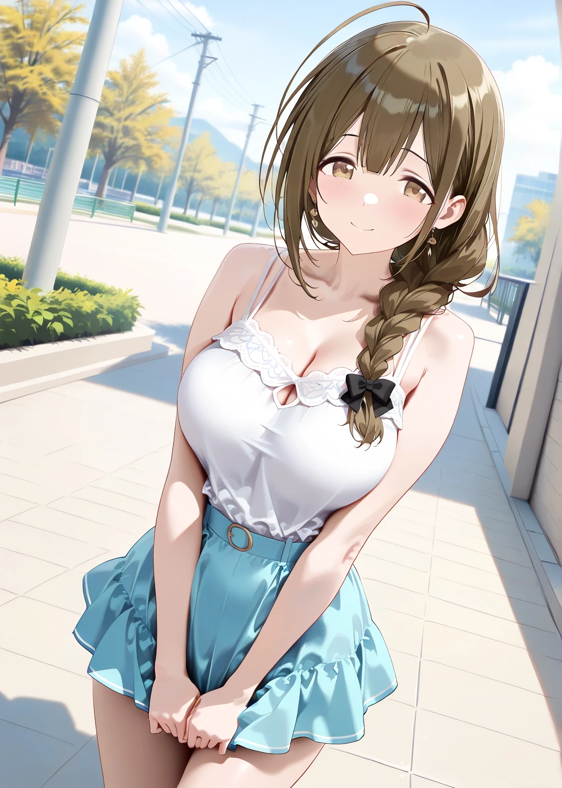 Score_9, Score_8_up, Score_7_up, source_anime, kumikooumae, kumiko oumae, ((big breasts)) brown eyes, brown hair, short hair, wavy hair, choker, earrings, white mini dress with ruffles, sleeveless, with crossed straps,, white long stockings, hoop bracelets, blushing, sexy posture, park