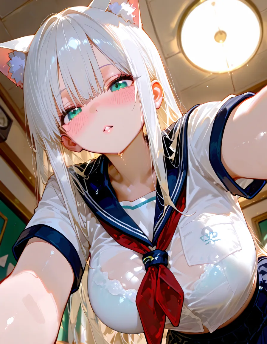 (masterpiece:1.2、Highest quality、Tmasterpiece)、(1 female)、alone、classroom、Day、(Squat:1.2)、whole body、beauty、blonde、Twin tails、blue eyes、(Sailor suit:1.4)、(Dark Skin:1.4)、break、Big Breasts、Long sleeve、Earrings、lipstick、(pantyhose:1.2)、weaty、choker、blush、Covered breasts、Bangs braids、(Long Tongue:1.4)、((Open mouth blowjob face:1.3)),(Spit drips:1.2)、(Hand gripping penis:1.2),(Blowjob pose:1.2),(Looking up:1.4),(forget oneself:1.4)