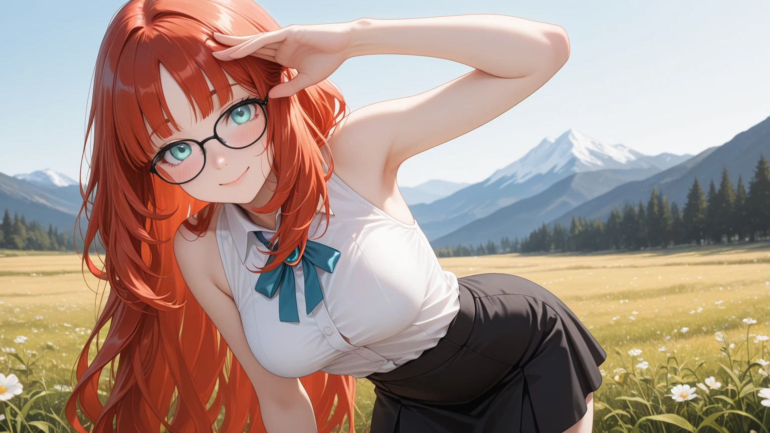 Orange long hair、hime-cut、Golden Eyes、eye glasses、ssmile、early teenage girls、flat chest、Thin pubic hair、Beautiful open legs、Light bathrobe、grass field