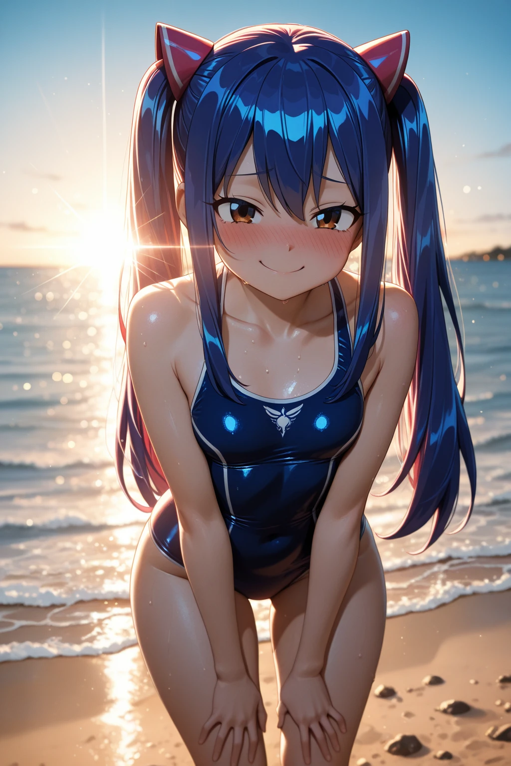  (masterpiece:1.3), (Best Quality:1.3), (Ultra-detailed:1.2), ((kawaii)), Cute, (lovely), ((sexy)), ((Extremely detailed)), 4K, (8K), Best Quality, (Beautiful), Illustration, anime style, (bold line:1.2), Gradation, looking at viewer, //, (bent down:1.1), (arms behind back), //, a cute girl, 1girl, (solo:1.2), gleaming skin, //, (flat chested), (Perfect eyes:1.2), (Perfect iris:1.2), //, darkblue hair color, (beautiful eyes) //, (half closed eyes:1.3), (sexual expression:1.2), Fascinated expression, smile, (blush:1.2), //, modern city background, sit on rock, sailor uniform with skirt, twin tails, muscle girl, hard abs
