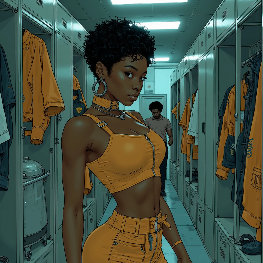 two shot panel, Curvy Black woman with Afro, lifting up white shirt to show her white high cut panties, speech bubble saying "Hey, look over here, for a second...", mouth open to talk, comic book art style, intricate details