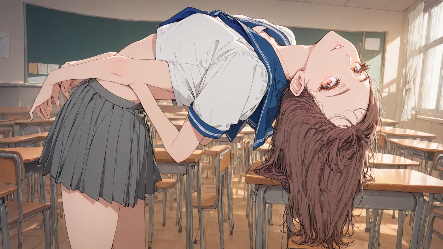 ((best quality)), ((work of art)), ((detailed)), woman with brown hair and bangs, in a doggy-style position, against a wall, skirt lifted by a man, who is taking her from behind
