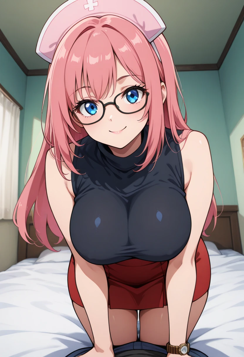 One Woman、One boy、One Shota、private teacher、Big Breasts、Pink Hair、long hair、Ahoge、Kind older sister、Pink Glasses、Green Eyes、Smile、naked、Light pink small nipples、Bedroom、On the bed、Droopy eyes、A woman stares at a boy&#39;s head、A woman has sex with a boy while holding his head against her chest