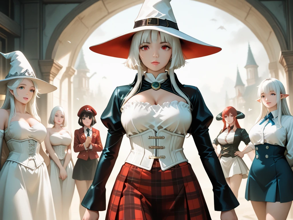masterpiece, best quality, highres, (kitagawa marin), 1girl, blonde hair, long hair, swept bangs, gradient hair, red eyes, jewelry, earrings, piercing, glossy lips, lips parted, short dress, cleavage, cowboy shot, witch hat, holding wand, forest, skinny, slender