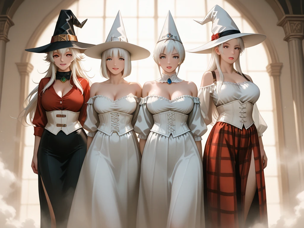 2girls, a fantasy anime promiscuous human girl 20 years old short hair meeting a witch || a big breasted witch with a long brimmed hat and robe with cleavage and long staff held between her legs looking amorously at short hair girl