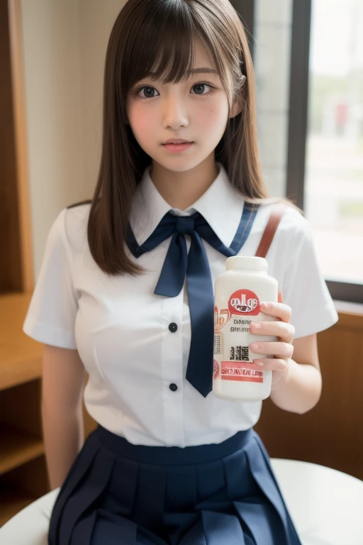 Very detailed CG Unity 8K wallpaper、Highest quality、Very detailed、masterpiece、Realistic、Photorealistic、Very detailedかわいい女の子、18-year-old、(High school students in Japanese uniforms)、((Photographed from the front:1.4))、((Dark blue bow tie:1.4))、((Sitting in a wooden box:1.4))、blush、Cleft lip、Looking at the audience、Semi Body Shot、(A room in a love hotel)、(Japan High School Designated Shoes)、(Navy blue short pleated skirt lift:1.5)、(short sleeve white shirt for students)、 (Dark blue bow tie:1.2)、(Light brown long hair)、(Beautiful Face:1.3)、(Perfect proportions:1.2)、(Long legs:1.2)、(Small breasts:1.3)、((White panties:1.4))、((Blouse wet in the rain、The brush is transparent))、(Bra is sheer)、(((Wet Hair、Wet Skin)))、((Drinking coffee:1.4))、((Upper Body))、((Rain outside the window:1.4))、