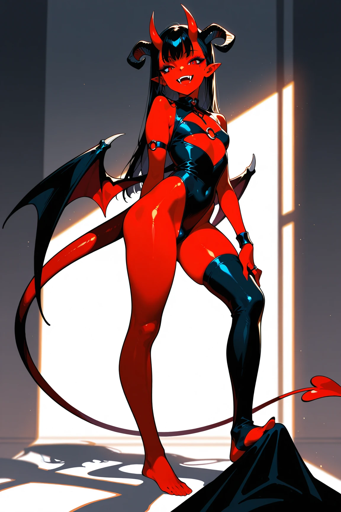 masterpiece, best quality, 1girl, elise, spidergirl, red eyes, large breasts, cleavage, black lips, makeup, eyeshadow, full body, standing, flipflops,smile, possing kungfu,feet
