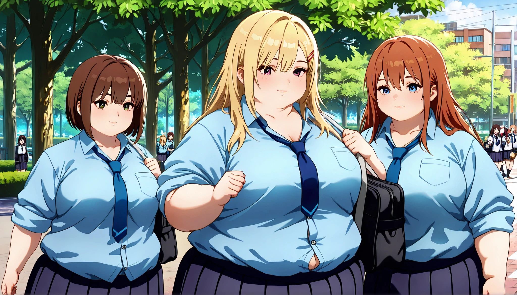 HDR, 8K, high contrast, masterpiece, best quality, amazing quality, very aesthetic, high resolution, ultra-detailed, absurdres, realistic, newest, scenery, score_9, score_8_up, score_7_up, group of young plump schoolgirls on a bright street happy to see each other, ((school uniform)), cute, light smile, blond hair, brown hair, redhead, long hair, short hair, ((chubby)), plump, ((fat)), ((round face)), (((double chin))), (((blue button down shirt))), ((collarbone)), (((tie))), ((rolled sleeves)), chest pockets, short dark skirt, shoulder bag street, park, detailed, realistic, (dickerchen), ((anime character)), (gyaru),