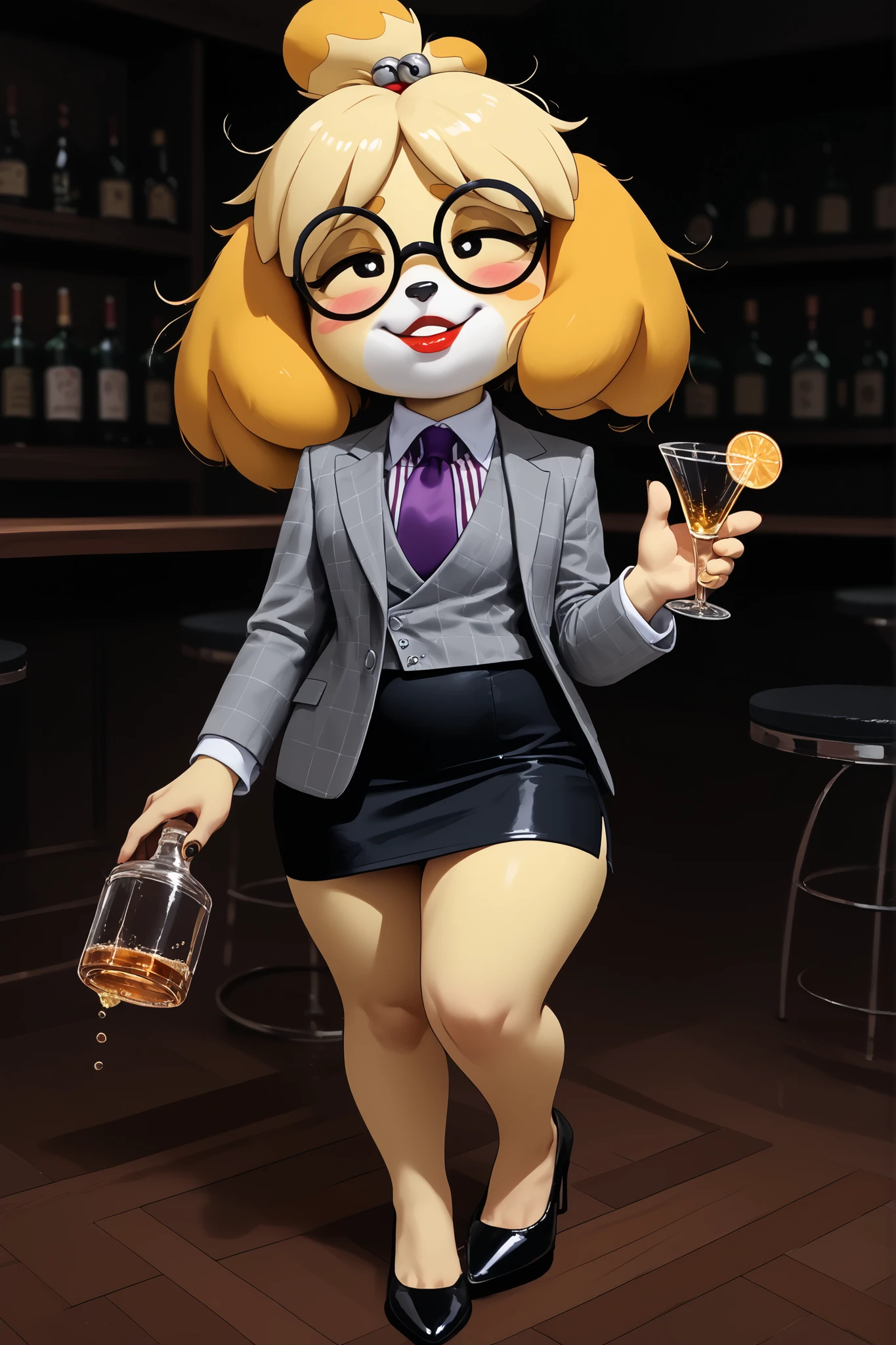 score_9, score_8_up, score_7_up, score_6_up, source_anime, three-piece suit, 1girl, thin-frame round glasses, formal, jewelry, suit, purple necktie, earrings, jacket, (((grey waistcoat))), shirt, (((grey jacket))), striped shirt with white collar, (black leather skirt), makeup, Score_9, score_8_up, score_7_up, high heels, white collar and cuffs
isabelle \(animal crossing\) , cute, source_furry, nightclub, (((drunk))), holding cocktail glass, shortstack, big head, tail, dynamic pose, lipstick, louboutin heels, stilettos, (((stumbling))), inebriated, (messy hair), crooked glasses, off balance, swaying, drunk bubbles, flushed face, yellow fur