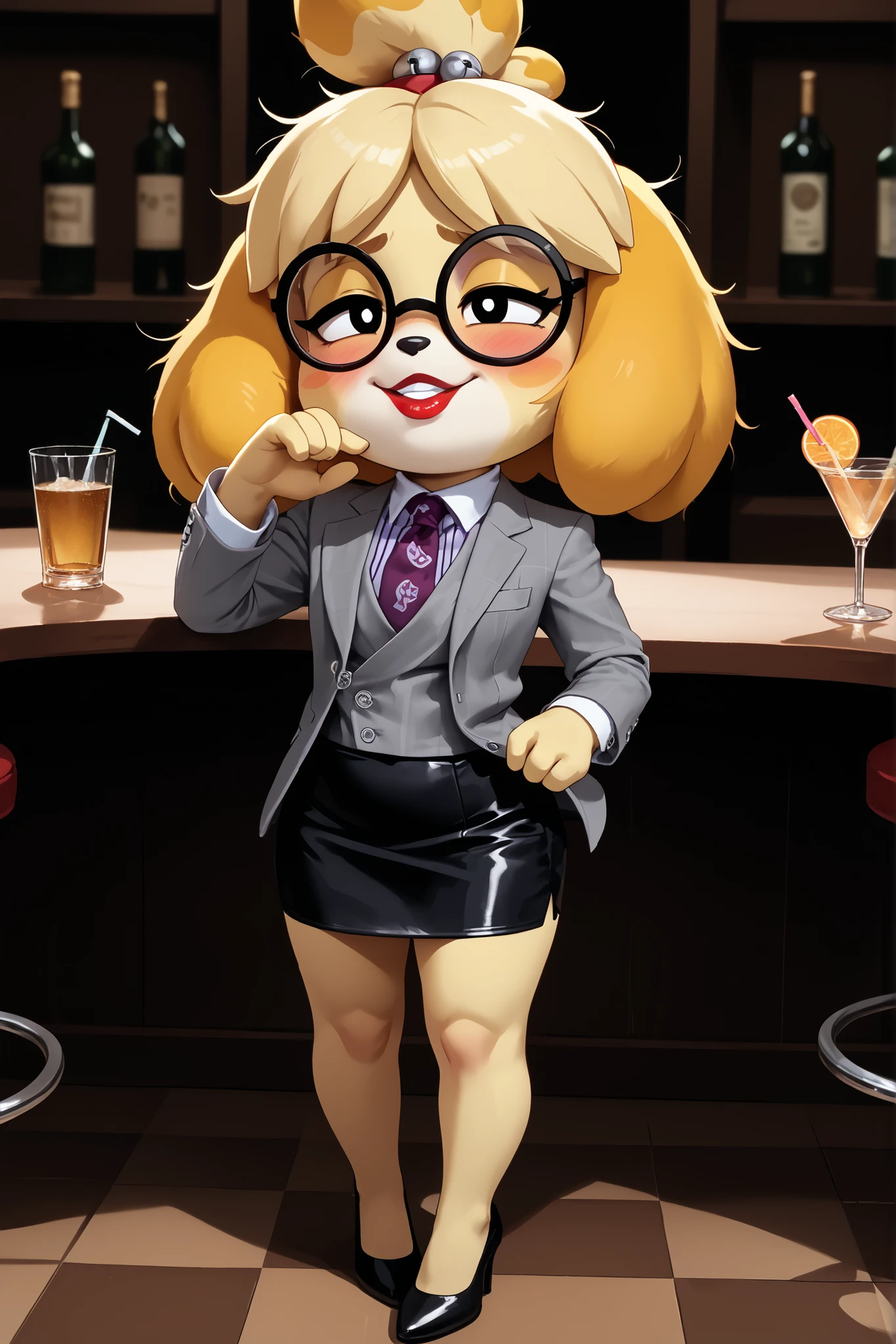 score_9, score_8_up, score_7_up, score_6_up, source_anime, three-piece suit, 1girl, thin-frame round glasses, formal, jewelry, suit, purple necktie, earrings, jacket, (((grey waistcoat))), shirt, (((grey jacket))), striped shirt with white collar, (black leather skirt), makeup, Score_9, score_8_up, score_7_up, high heels, white collar and cuffs
isabelle \(animal crossing\) , cute, source_furry, nightclub, (((drunk))), holding cocktail glass, shortstack, big head, tail, dynamic pose, lipstick, louboutin heels, stilettos, (((stumbling))), inebriated, (messy hair), (((crooked glasses))), off balance, swaying, drunk bubbles, flushed face, yellow fur