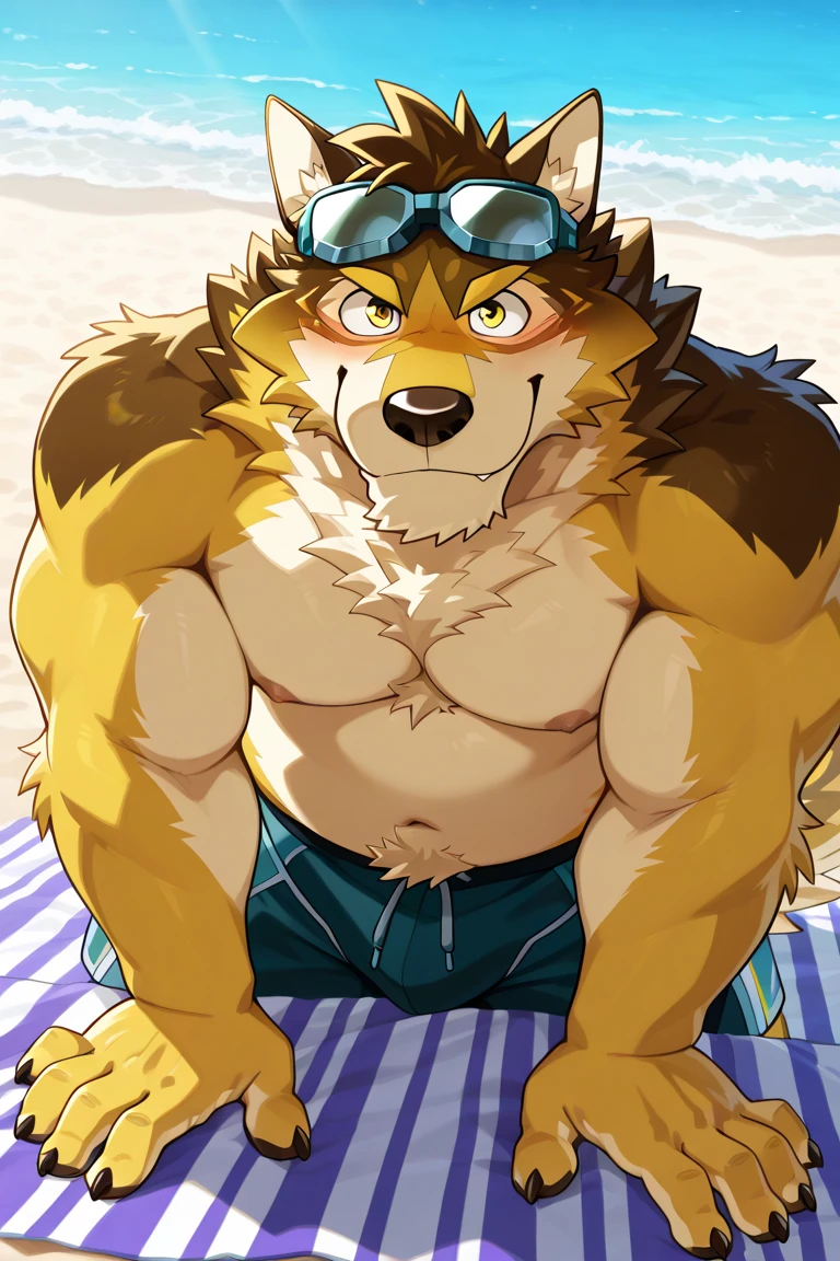 simba, a furry lion, furry, shirtless, muscular, male, cartoony, illustration, sharp focus, ultra-detailed, medium length hair, topless, alone, single, two blogs hairstyle, yellowish fur, red hair, cartoony, smooth colors, smooth lining, red hairy armpits, red hairy crotch, green eyes, detailed eyes, naked, hard long penis, dark brown penis, outside, beach, cartoony, black bowtie, butler, one hand up behind head, adult, drip of cum, ejaculating