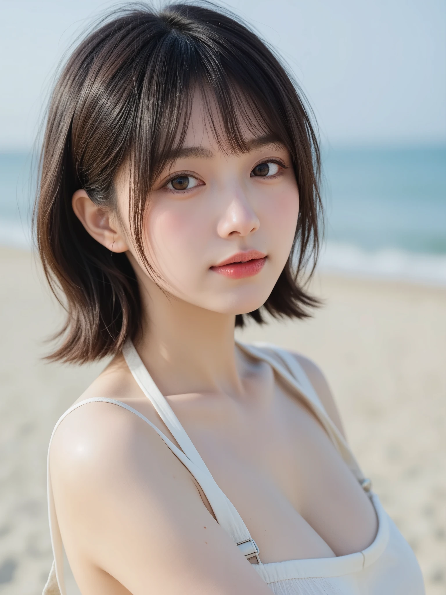 (masterpiece:1.3), (8K, realistic, Raw photo, highest quality: 1.4), (1 girl), beautiful face, (realistic face), (black hair, short hair:1.3), beautiful hairstyle, realistic eyes, detailed and beautiful eyes, (realistic skin), beautiful skin, ((((nude)))), Charm, ultra high resolution, surreal, (highly detailed boobs), golden ratio、smile、((Stand on the beach))、(((whole body)))、((pubic hair))